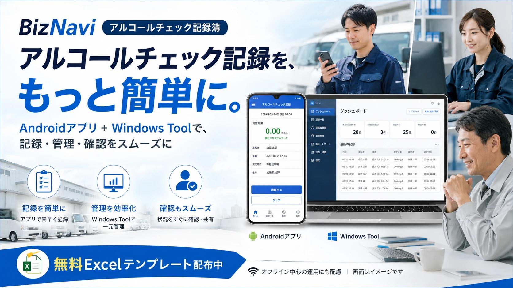 BizNavi アルコールチェックの記録から確認・検索までの流れ