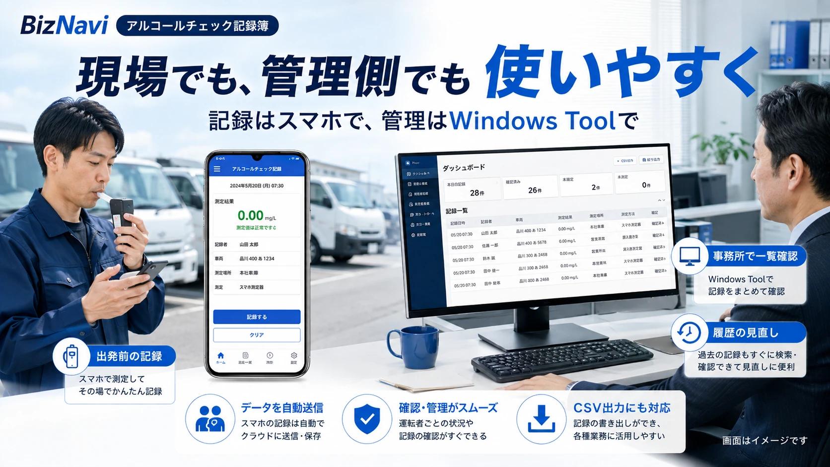 点呼や出発前確認など日常のアルコールチェック記録シーン
