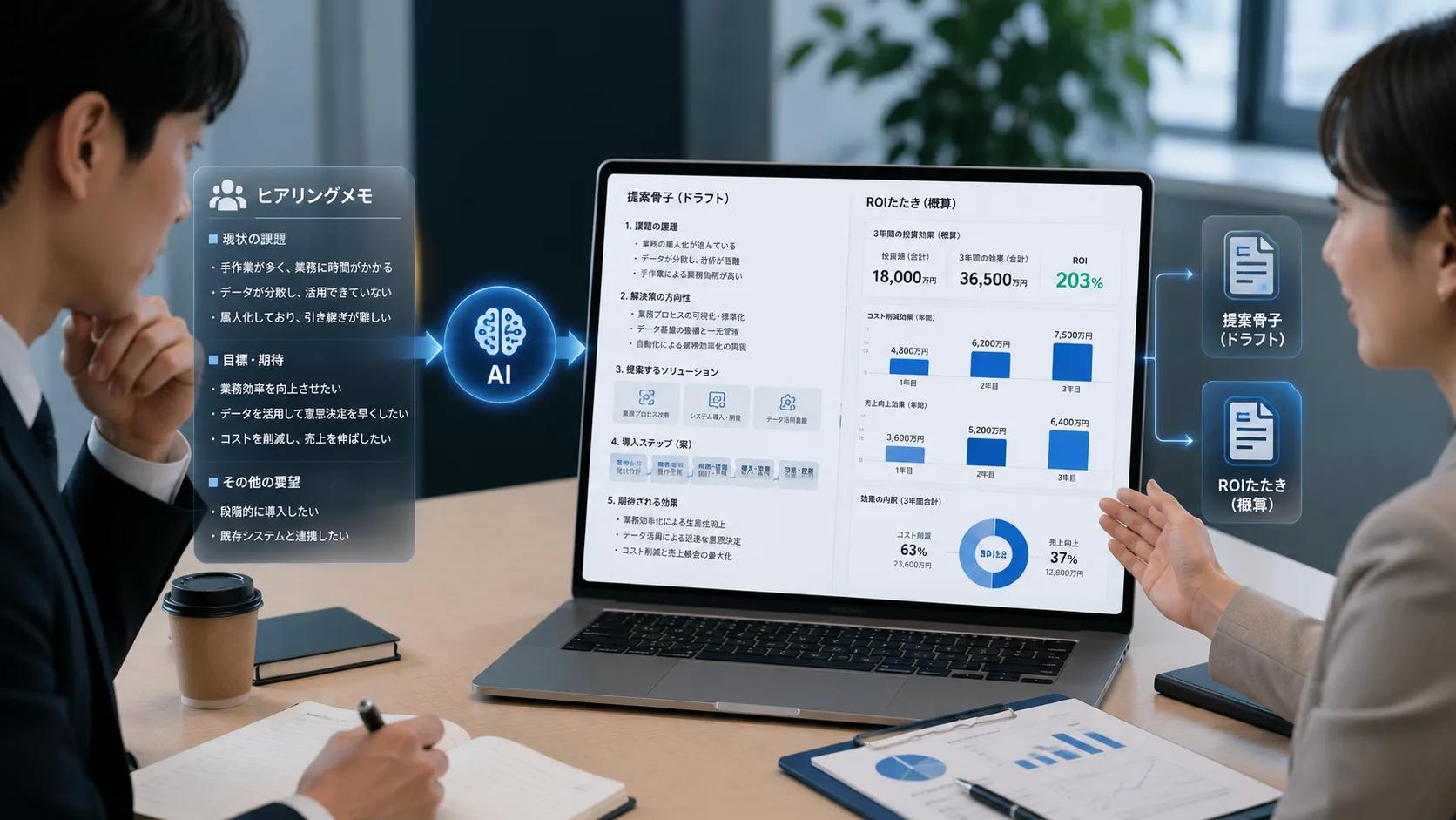 AI営業支援デモ — ヒアリングメモから提案骨子とROI概算を生成するワークフロー画面