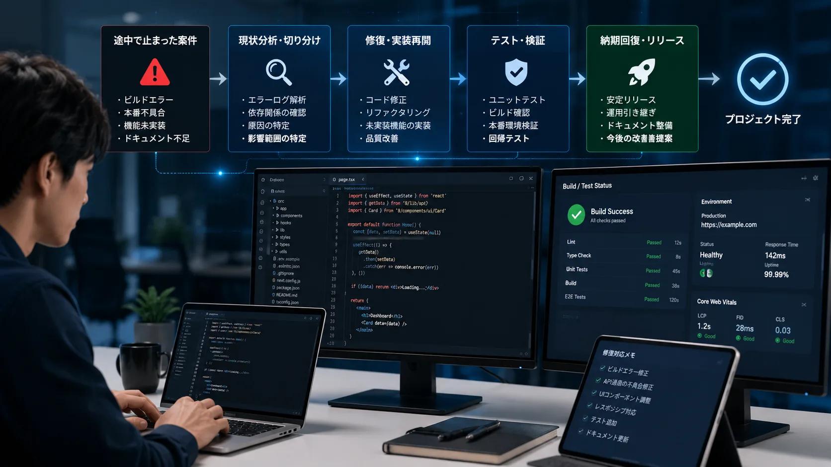 Next.js / React 修復デモ — 停止案件の分析・修復・テスト・納期回復までの復旧フロー画面