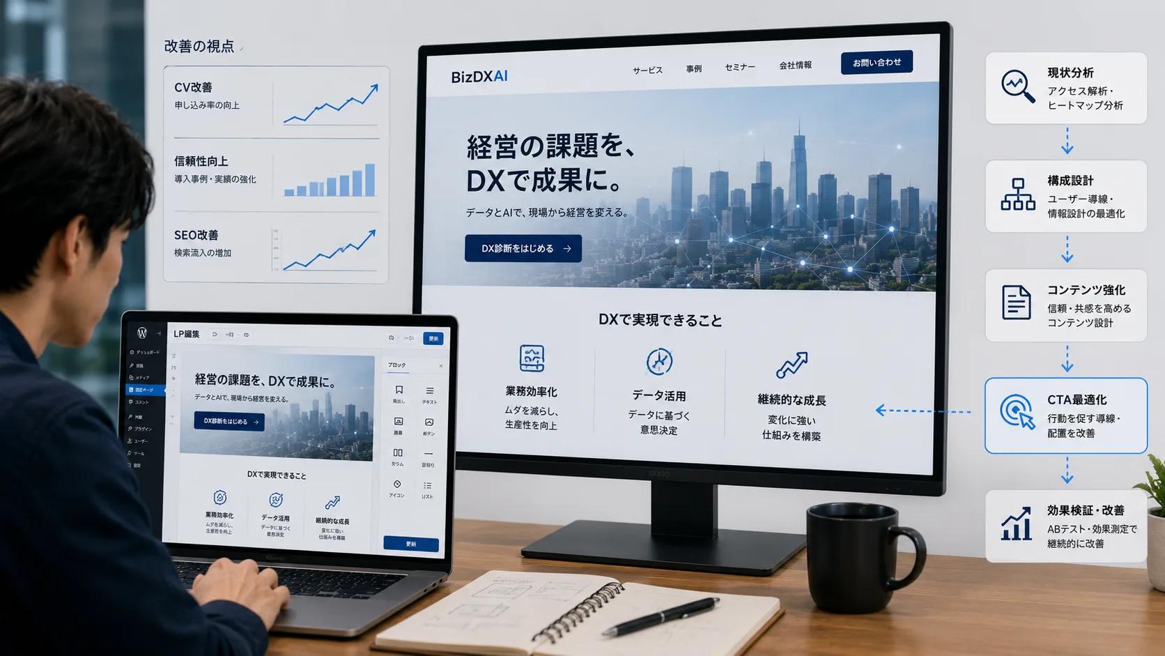 WordPress / LP改修デモ — CV・信頼・SEOの改善視点とLP編集・CTA最適化のサンプル画面