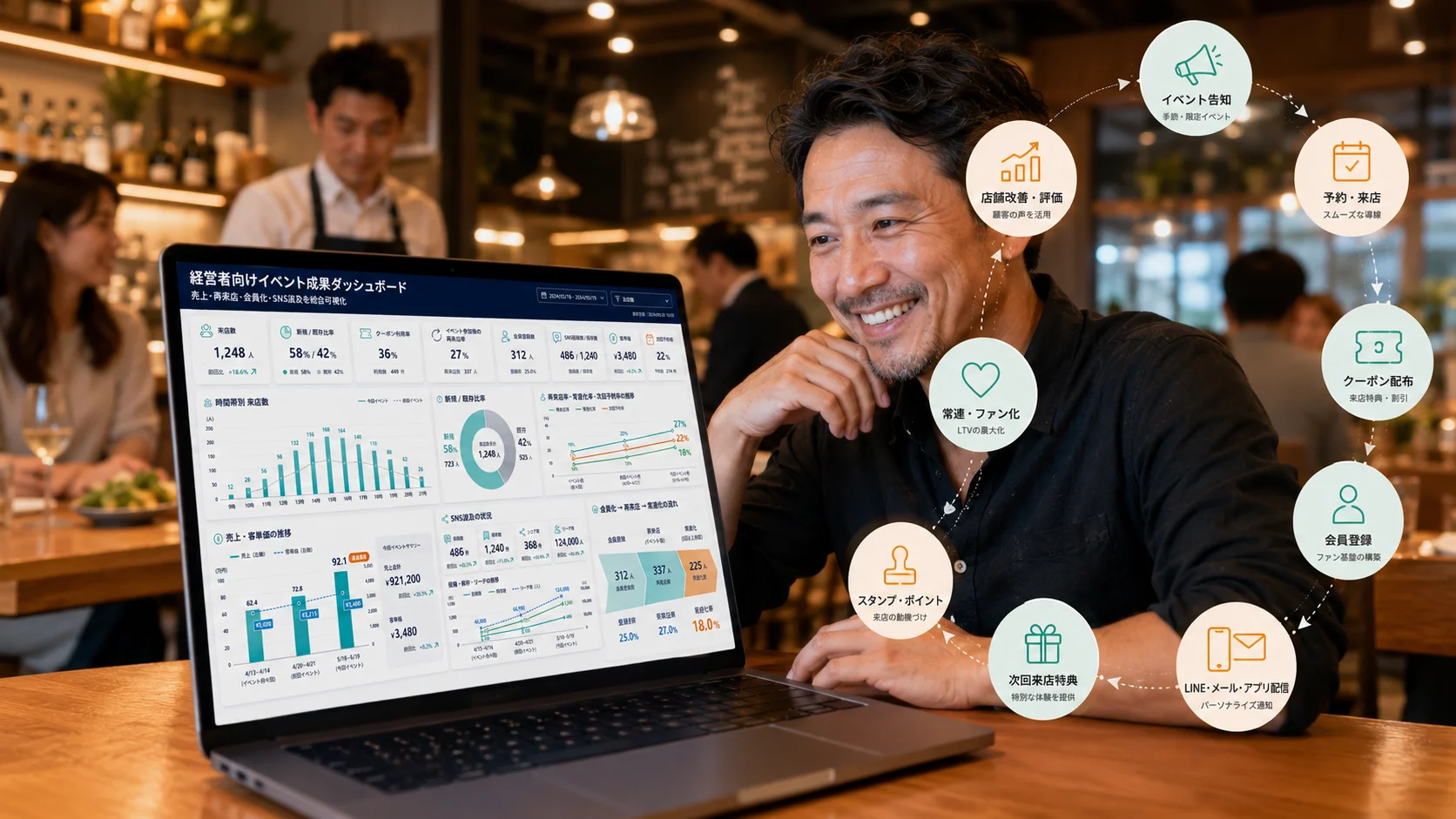 飲食店イベントの時系列と顧客セグメントを可視化する経営者向けモデル分析画面